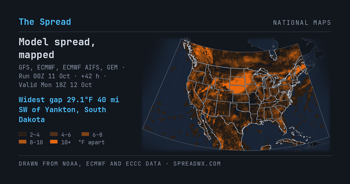 Map of the United States shaded by how far apart the models' temperature forecasts are.